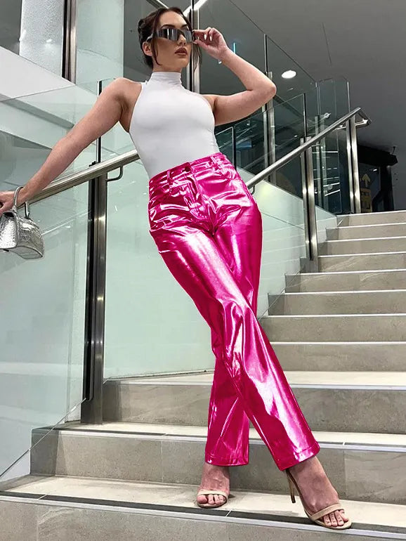 TARUXY Silver PU Women Pants Winter 2023 Slim High Waist Bodycon Long Pant Femme Party Fashion Street Trousers For Woman Bottoms