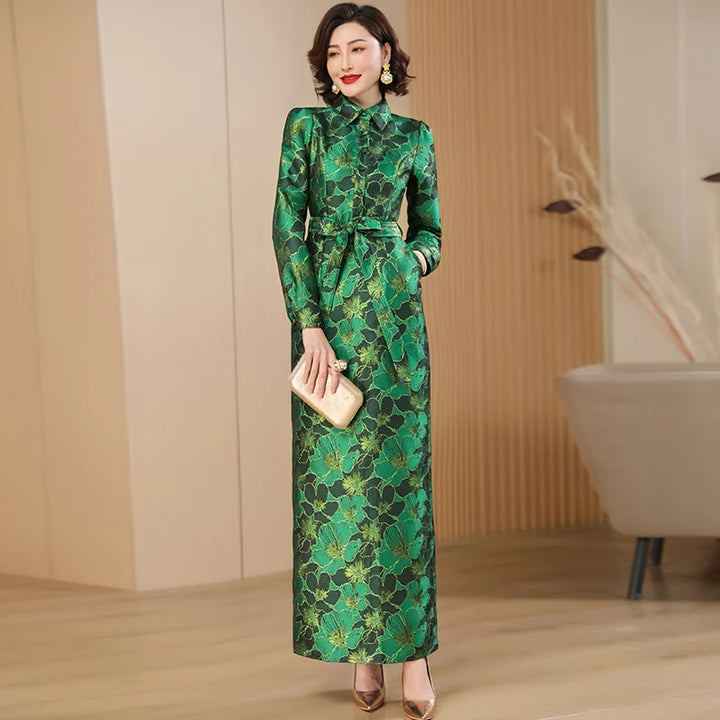 Green Floral Pencil Dress with Belt - Slim Fit, Long Length - 3cm Error