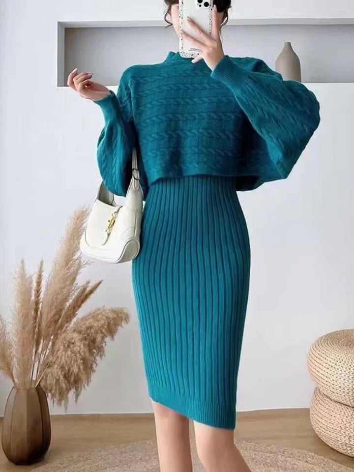 2 Piece Sets Womens Outfits 2023 Autumn Winter New Korean Slouchy Loose Top Two Piece Knitted Strap Dress Set Streetwear