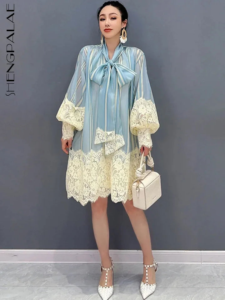 2024 Spring Summer Chiffon Lace Shirt Dress - Loose Fit, Mid Length - SHENGPALAE