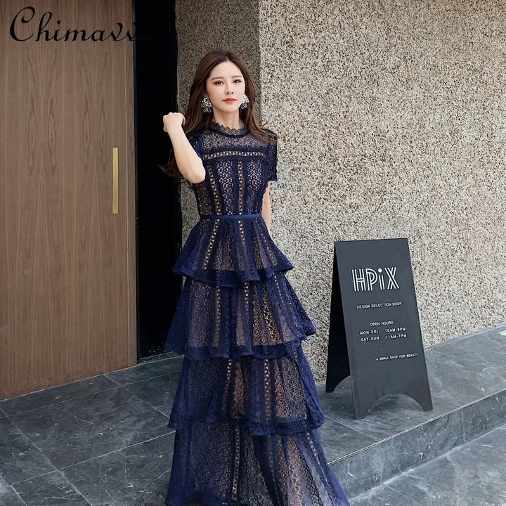 2023 Summer Maxi Dress: Dark Blue Lace Short Sleeve Slimming Multi-layer Cake Dress