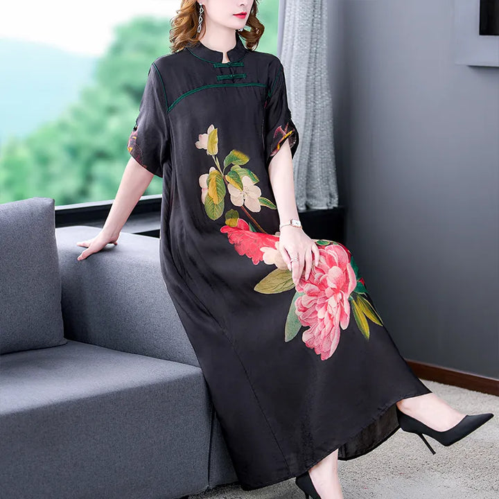 2023 Summer Ethnic Style Silk Dress - Large Flower Print, Loose Fit, Button Closure