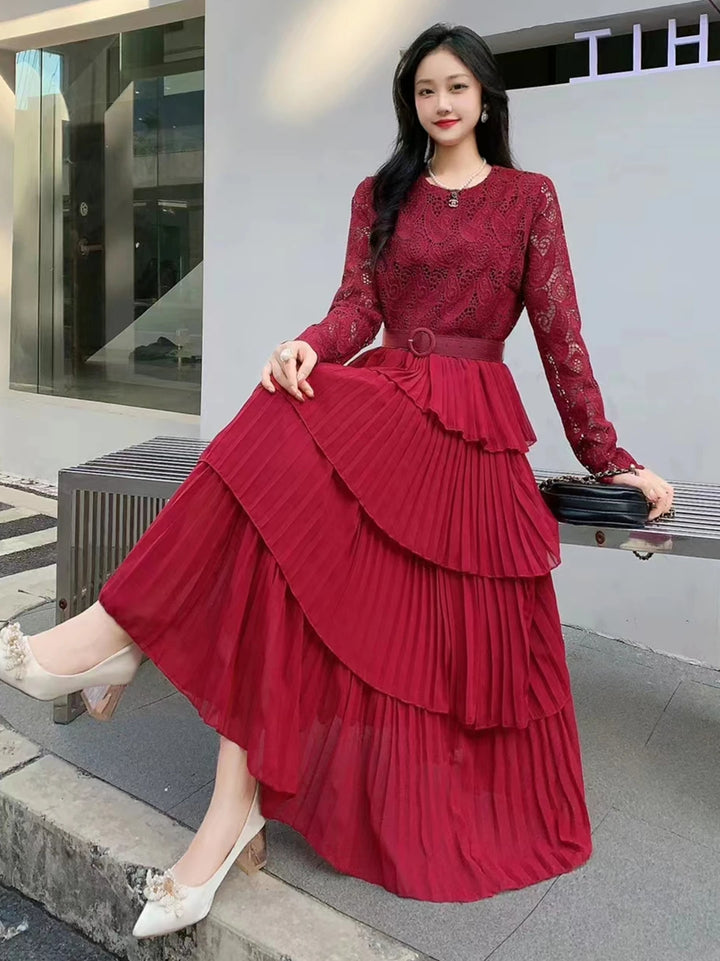 2024 Women's Lace Patchwork Party Dress - Slim Fit, Long Sleeve, Belted, High Quality - Spring/Autumn Collection