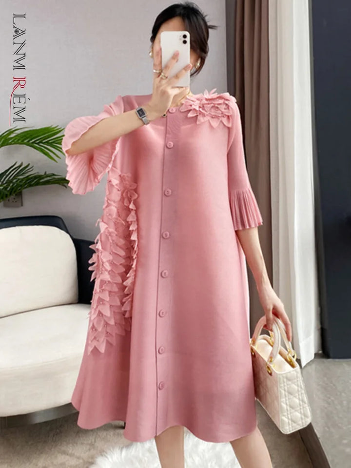 LANMREM Elegant Pleated Dress with Flower Decoration and Flare Sleeves - High Quality, Single Breasted - 2DA1750