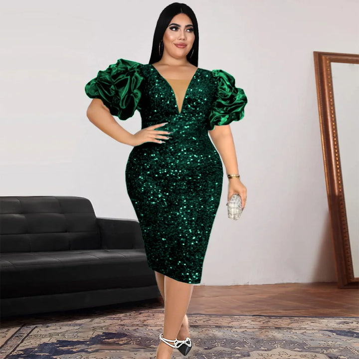 2023 Christmas Sequin V-Neck Party Dress - Plus Size Puff Sleeve Midi Robe for Elegant Women