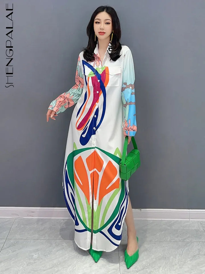 Autumn 2024 Women's Printed Shirt Dress - Casual & Versatile with Full Sleeve - SHENGPALAE