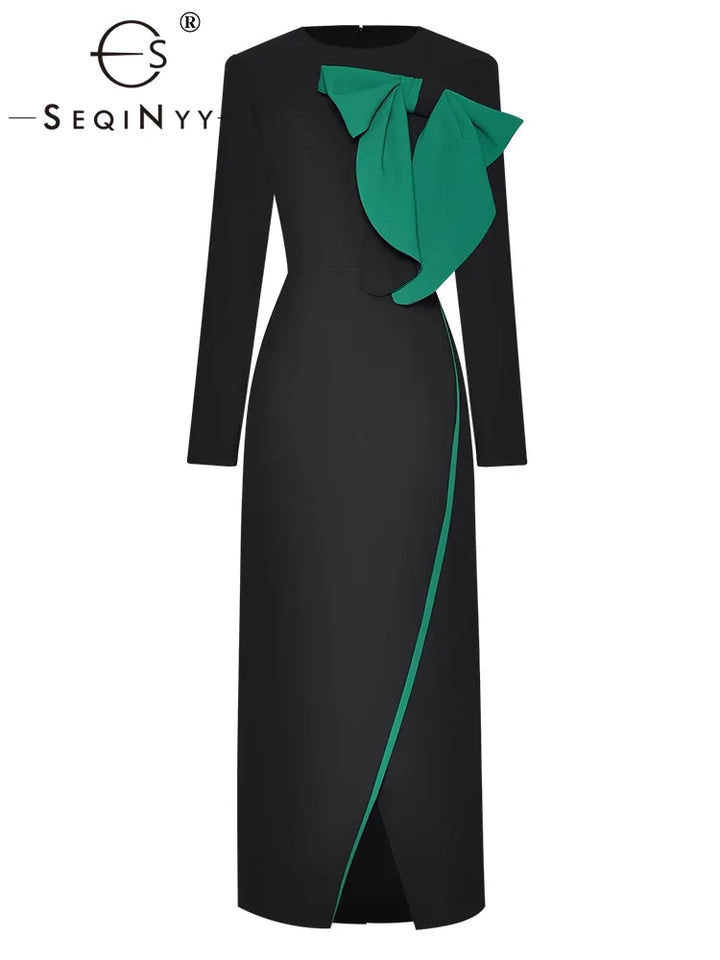 Chic Contrast Midi Dress - Spring/Autumn Fashion - Runway Style - Office Lady