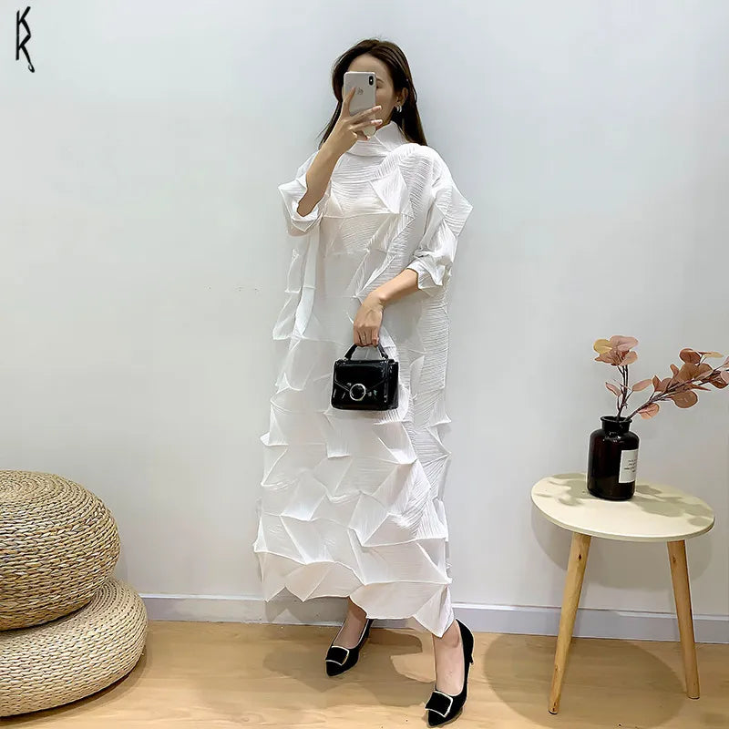 LANMREM Pleated Maxi Dress For Women Turtleneck Solid Color Loose Style Female Fashion Clothing 2024 Spring Summer New 2DA3596