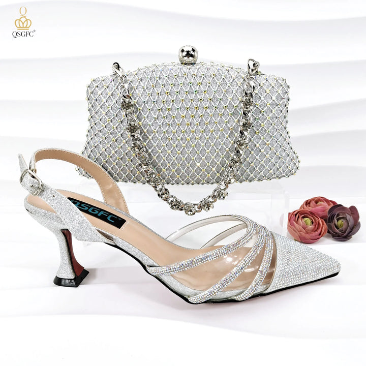 Sparkle in Silver: Elegant Diamond High Heels & Matching Bag for Weddings & Parties