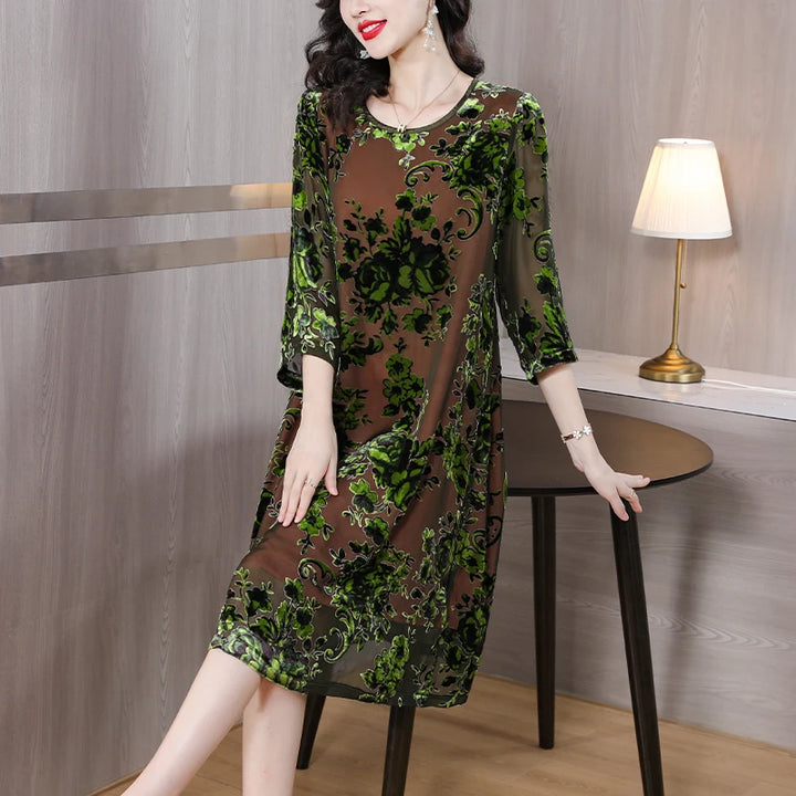 Vintage Silk Velvet Dress for Women | Autumn 2023 Collection | Round Neck, 3/4 Sleeves, Loose Fit | Casual Holiday Vestidos