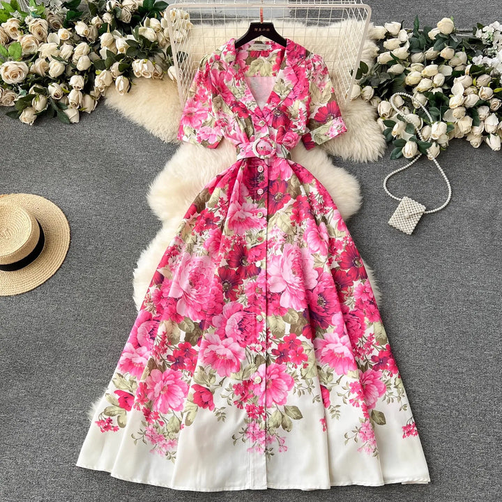 Boho Floral Print Beach Dress - Women's Summer Runway Vestidos w/ Notched Collar & Belt | 6393