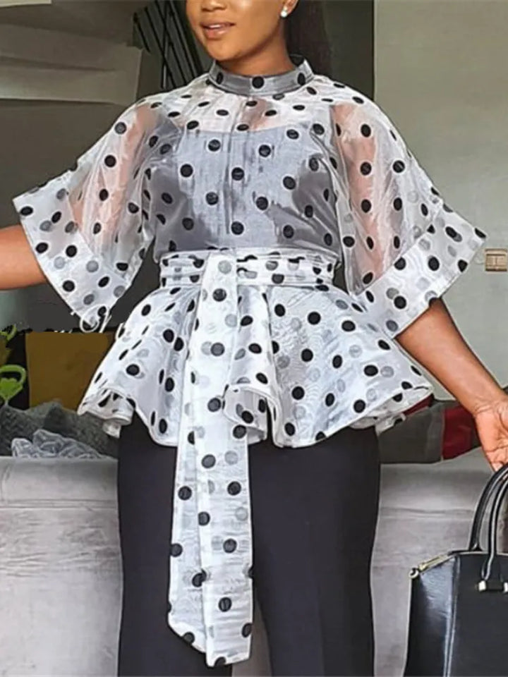 Polka Dot Peplum Blouse - Sheer, Sexy, and Stylish - Sizes S-2XL