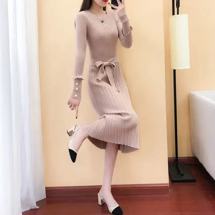 Chic Crochet Brown Dress for Women - Knee Length Midi - Elegant and Versatile