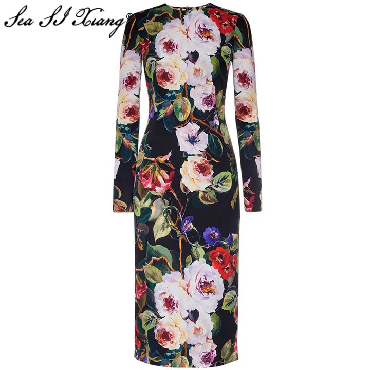 Spring Floral Print Silk Dress - Seasixiang Fashion Designer - Slim Fit - Long Sleeve - Vintage Party Wear