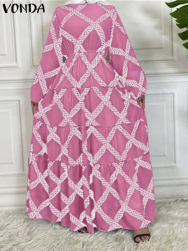 Plus Size 5XL VONDA Autumn Maxi Dress Women Bohemian Printed Long Sleeve Ruffled Party Sundress Casual Vintage Holiday Robe