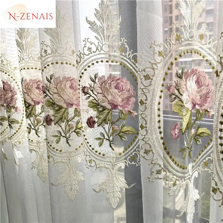 American Luxury Peony Tulle Curtain For Living Room European Elegant Flower Embroidery Sheer Voile Drapes For Bedroom