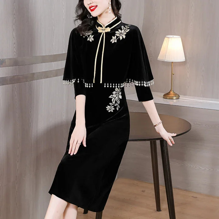 Vintage Chinese Embroidery Midi Dress - Elegant Two Piece Set for Autumn Winter Parties