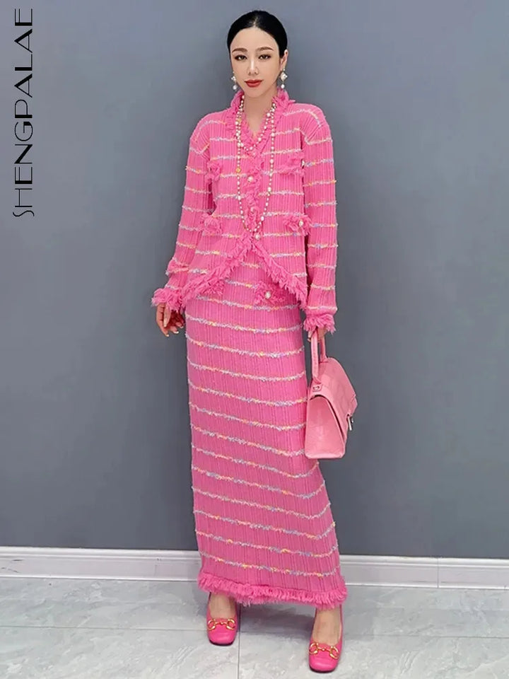 SHENGPALAE Temperament Women Two Piece Set Tassel V-neck Single Breasted Coat Light Luxury Female Skirt Autumn 2023 New 5R7051