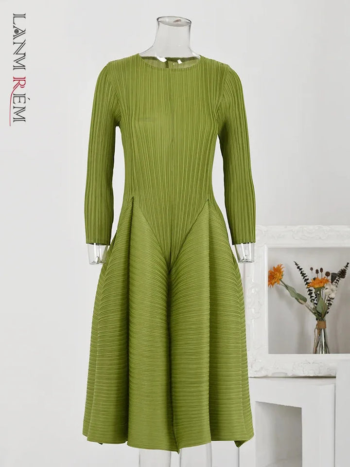 LANMREM Spring Dress - Elegant A-line with Long Sleeves and Round Neck - Sizes XS to XL