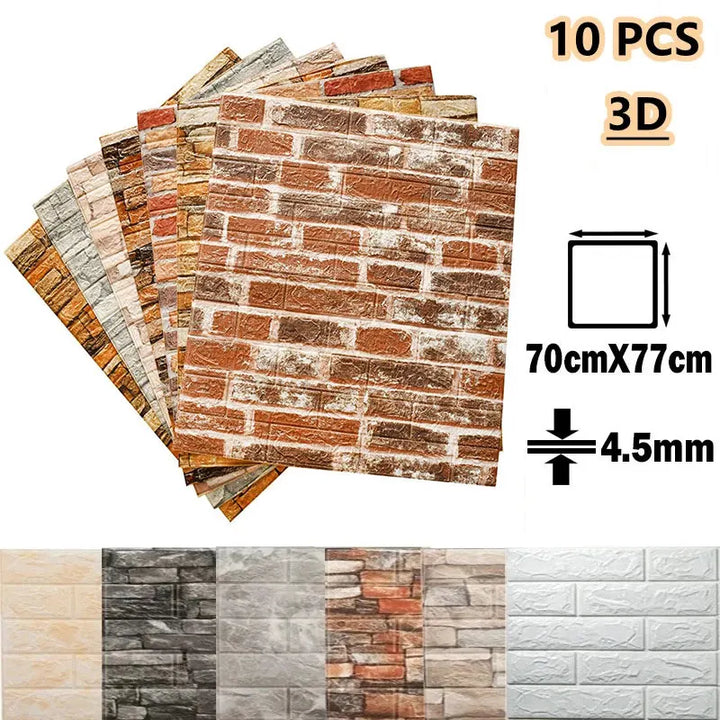 3D Brick Wall Sticker - Self-Adhesive, Waterproof, DIY Decor - 10PCS