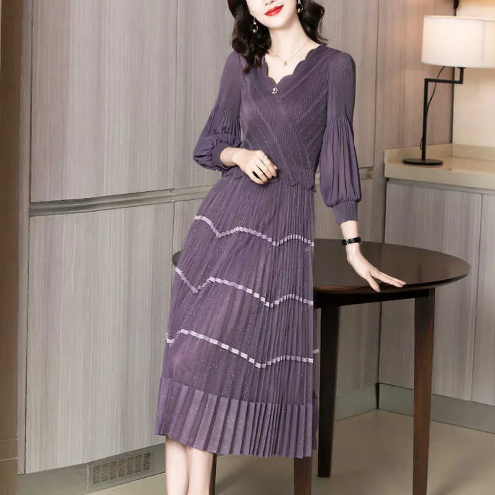 Elegant V-Neck Knitted Dress - Spring/Autumn Collection