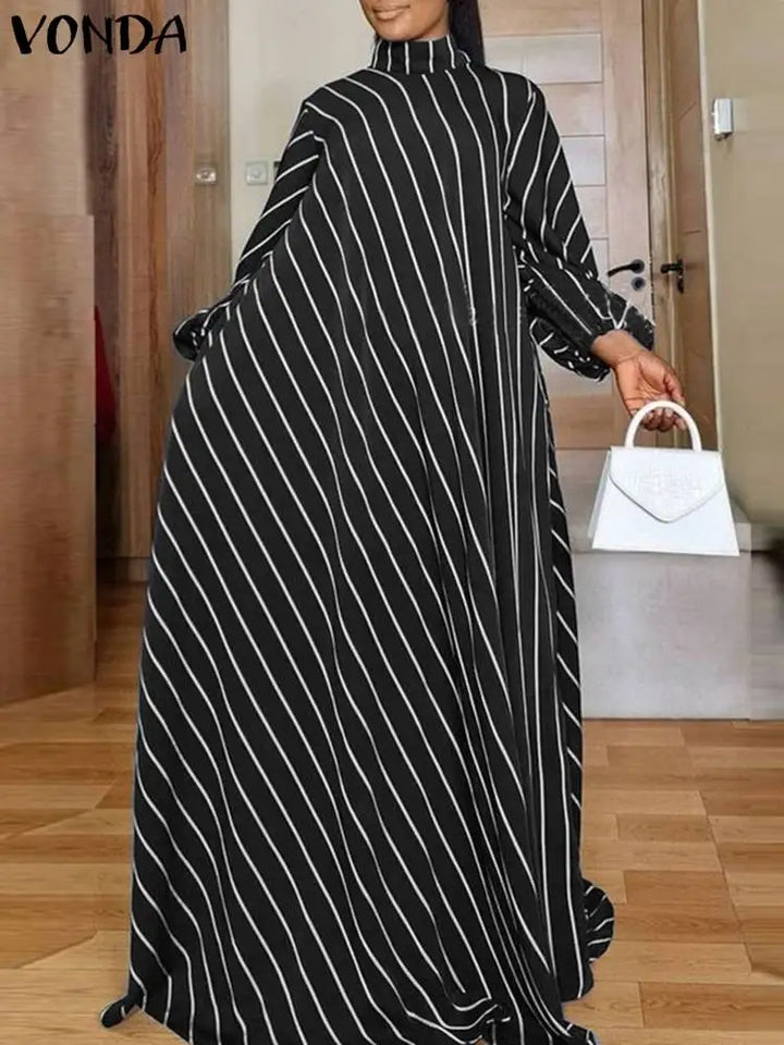 Plus Size 5XL VONDA Fashion Striped Maxi Dress Bohemian Women High Neck Elegant Long Sundress Long Puff Sleeve Printed Vestidos