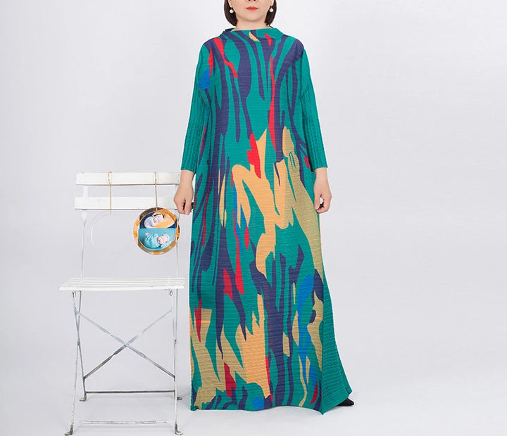 Miyake Geometric Print Long Sleeve Dress - Plus Size Ethnic Style