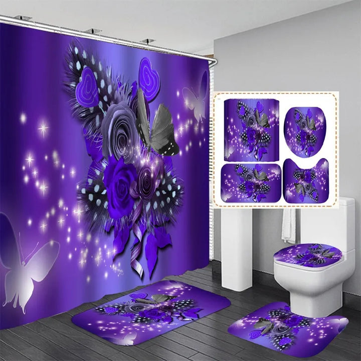 Home Purple Flower Butterfly Waterproof Print Shower Curtain 4 Piece Carpet Cover Toilet Cover Bath Mat Pad Set Bathroom Curtain