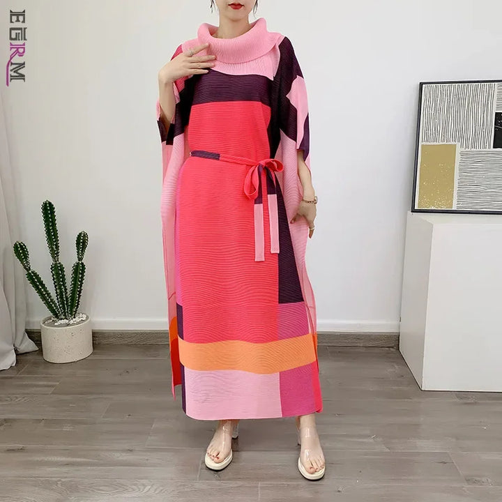 2024 New EGRM Spring Maxi Dress: Color Block, Pleated, Wrapped Sleeves, Belted