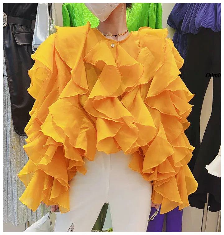 Chic Layered Ruffles Chiffon Shirt - High-Quality Spring Ladies Blouse