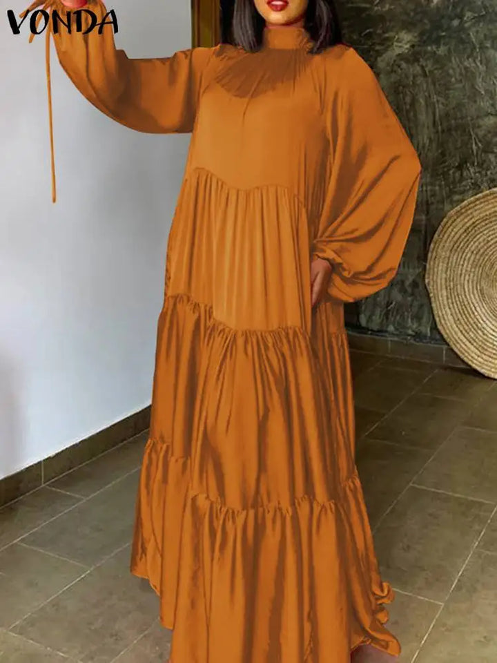 VONDA Elegant Satin Maxi Dress - Plus Size 5XL with Puff Sleeves, Stand Collar, and Ruffled Details