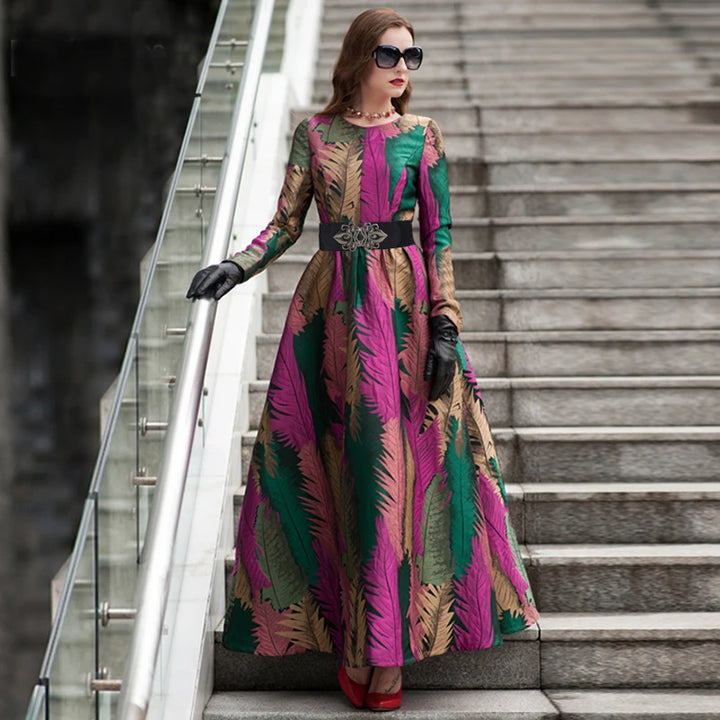 Elegant Floral Jacquard Maxi Dress for Women - Autumn/Winter 2023