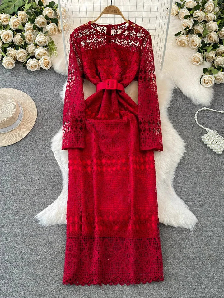 Women's Elegant Lace Maxi Dress - High Waist, Round Neck, Bodycon - Spring/Autumn 2024