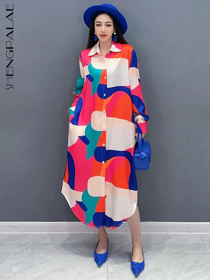 SHENGPALAE 2024 Spring Shirt Dress | Contrast Print | Loose Fit | Mid Calf | Casual Robe | Vestido