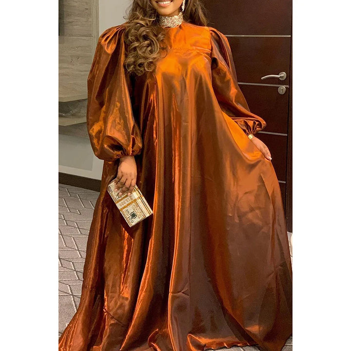 Brown Glitter Plus Size Maxi Dress - Daily Wear with Long Lantern Sleeves