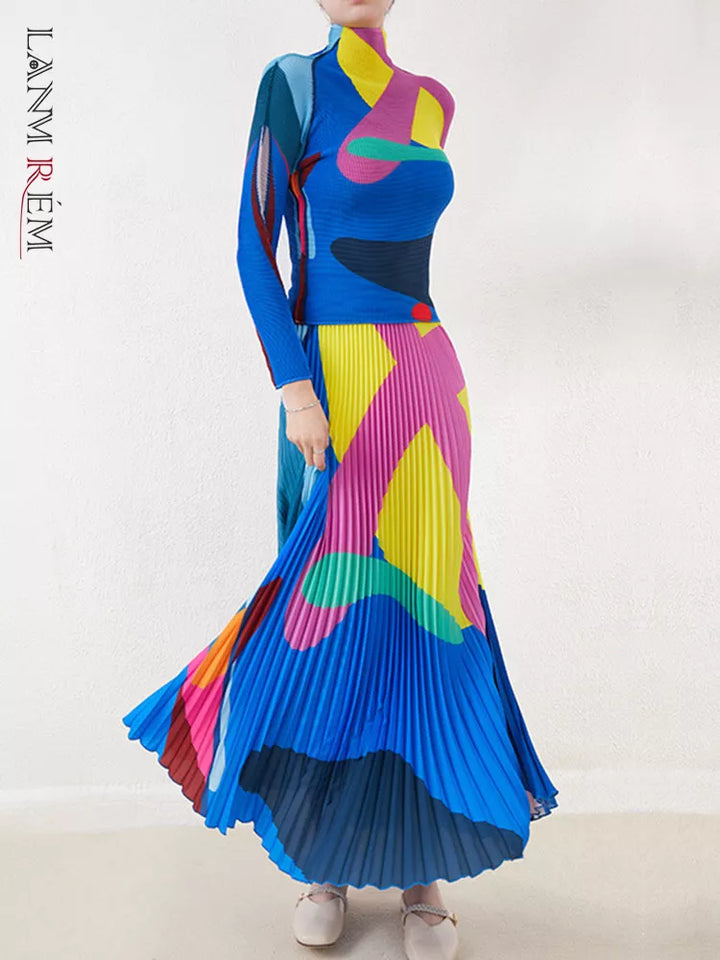 LANMREM Color Block T-shirt & Skirt Set | Long Sleeves Turtleneck Top & Elastic Waist Skirt | Women's Fashion