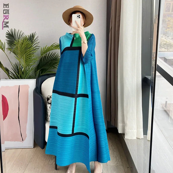 Elegant Spring Pleated Dress - Color Block, Full Sleeved, Casual Evening Party, Women's 2023 New Collection