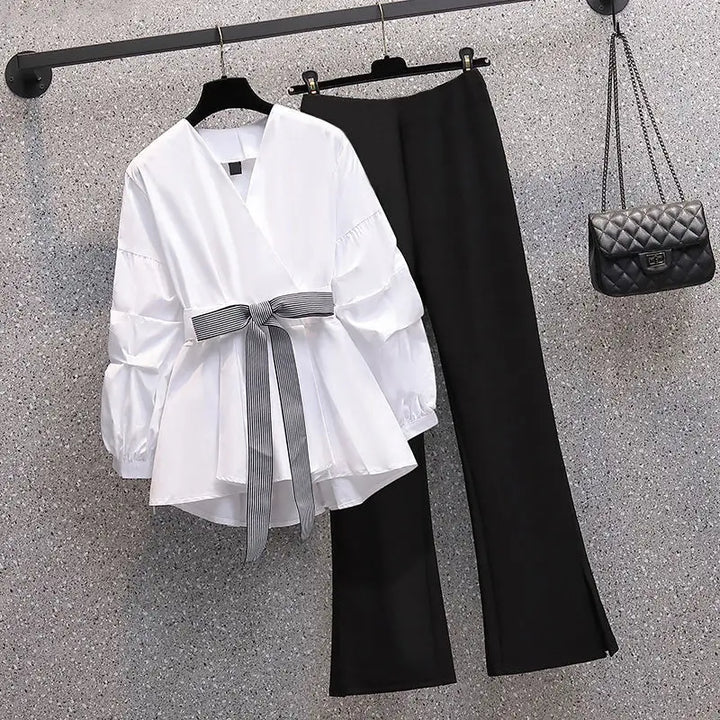 Spring/Summer Two-Piece Suit: Oversized V-Neck Blouse & Pants for Women