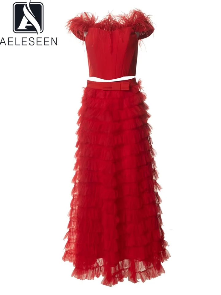 Red Feather 2-Piece Set: AELESEEN Runway Fashion for Summer Parties
