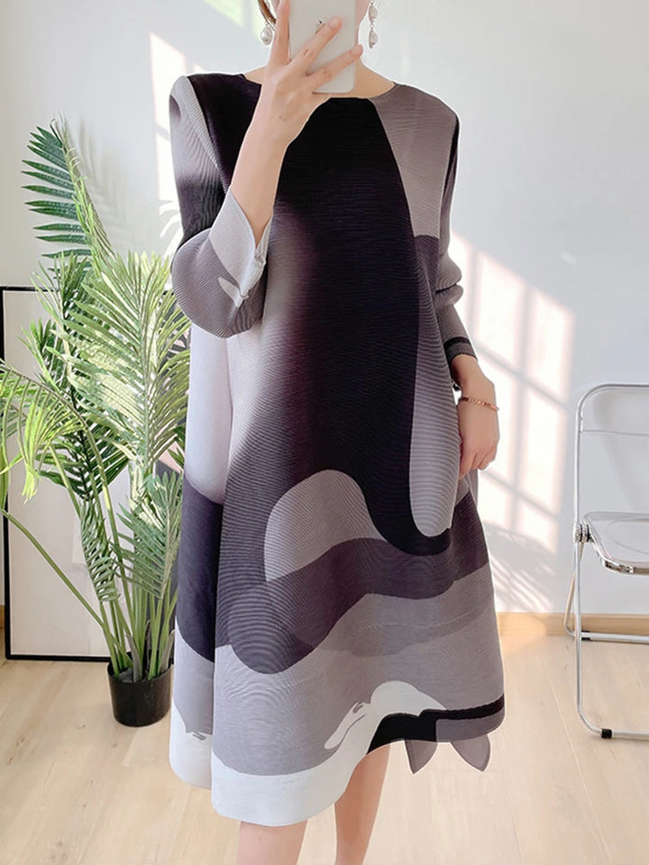 Miyake Pleated Contrast Color Dress Women's Round Neck Loose Irregular Printing Dresses Female 2023 Autumn Summer Prom Dresses