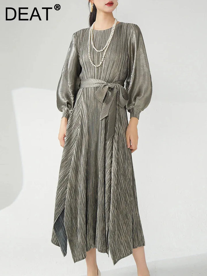 Stunning DEAT Pleated Dress - Elegant, Irregular Hem, Lantern Sleeves, A-Line, Perfect for Evening Parties - 15KB5617