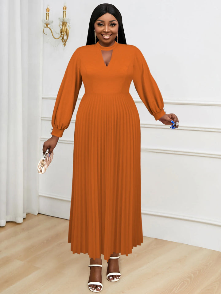 Elegant Plus Size Brown Maxi Dress with Lantern Sleeves and Cut Out Detail for Formal Events