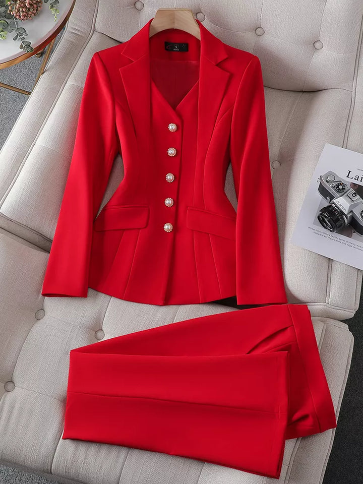 Professional Women's Office Suit - White/Red/Black Blazer Jacket & Pant Set