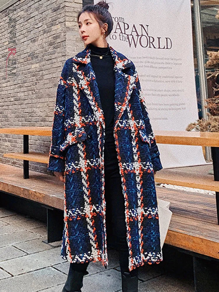 LANMREM Vintage Plaid Woolen Coat - Double Breasted, Fall/Winter 2023, Plus Size - 2AA2007