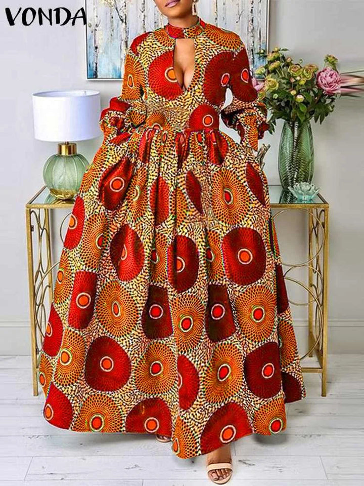 2024 Autumn VONDA Bohemian Maxi Dress - Floral Print, Long Sleeve, Sexy Split, Casual Loose Fit