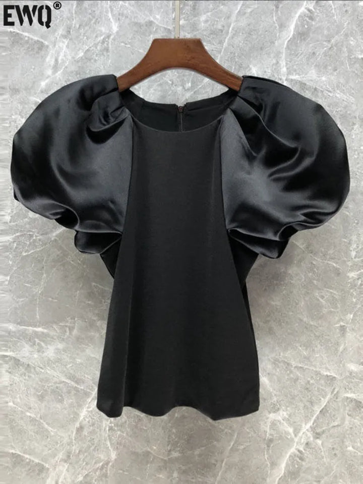 Stylish Black Bubble Sleeve T-shirt for Women - 2023 Summer Fashion - O-neck, Slim Fit, Elastic - [EWQ] Patchwork Design