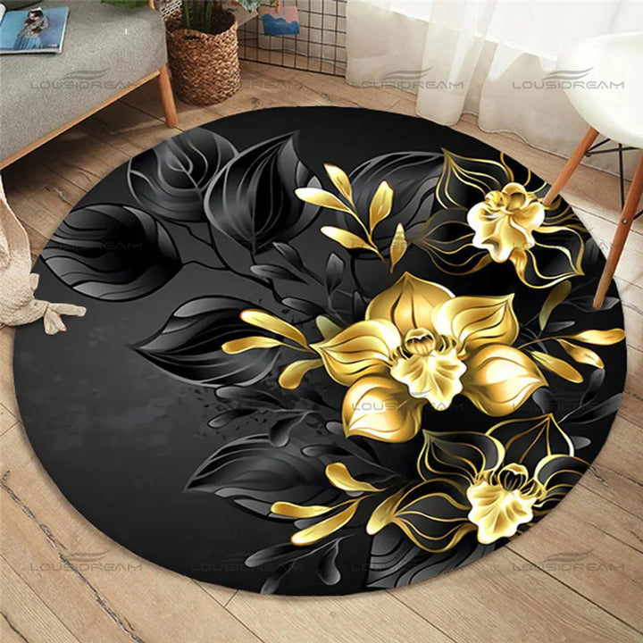 Fashion Round Rose Rug Home Anti-Slip Gold Rose Pattern Floor Mat Children's Bedroom Carpet Living Room Carpet