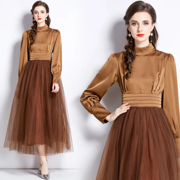 2023 Elegant Silk French Dress with Mesh Sleeves and Flared Skirt - O-Neck, Slim Fit, Knee Length - Women's Fashion