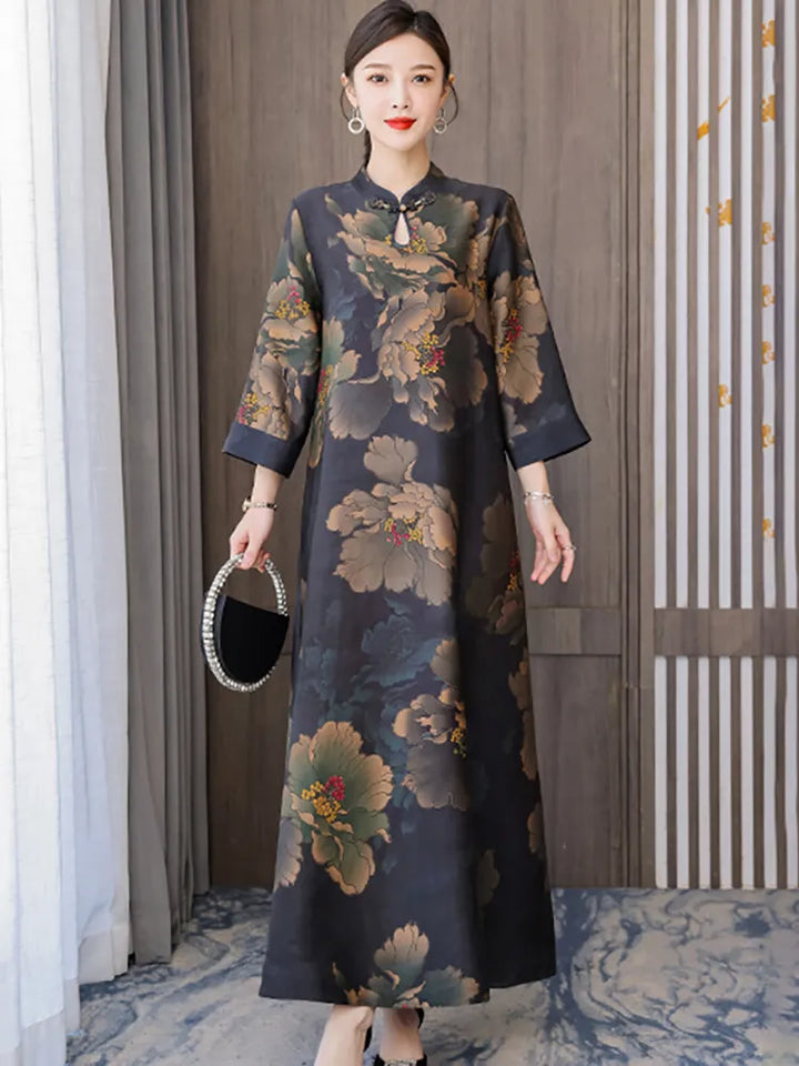 Stylish Autumn Floral Maxi Dress | Silk, Long Sleeve, Loose Waist | Korean Vintage Night Dress | 2024 Collection