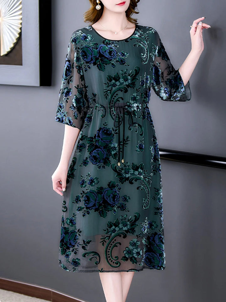 Elegant Floral Silk Midi Dress - High Quality, Korean Vintage Style
